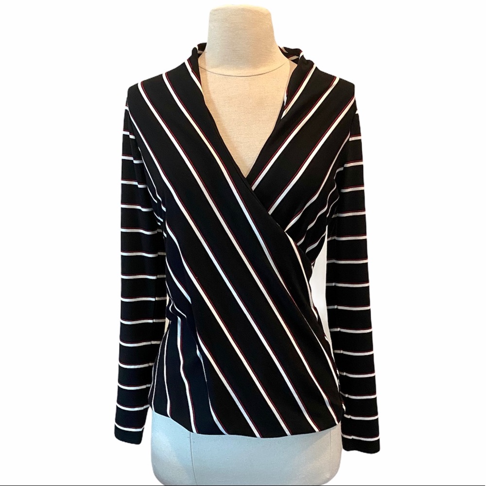 WHITE HOUSE BLACK MARKET Striped Surplice Wrap Top - Picture 3 of 8